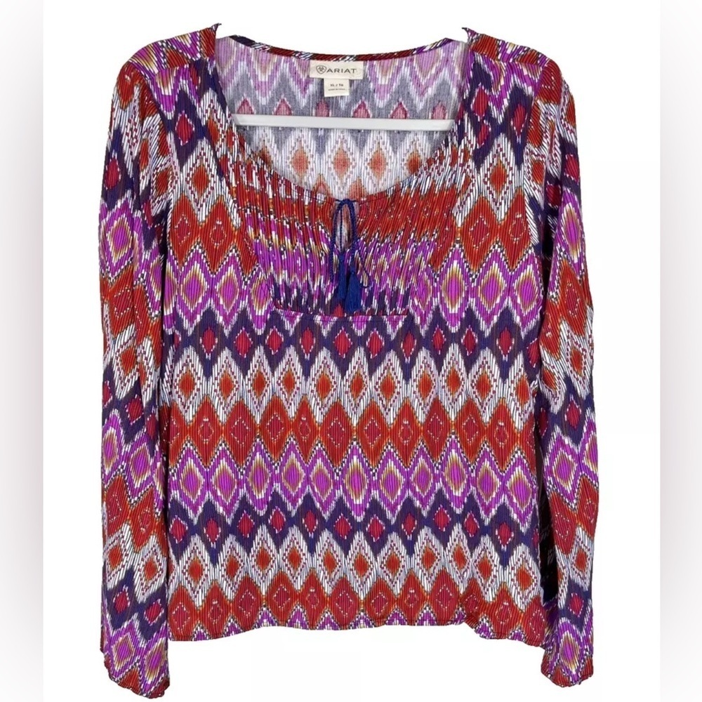 Ariat Peasant Top Womens XL Pink Red Bell Sleeve Blouse Tassle Chevron Western